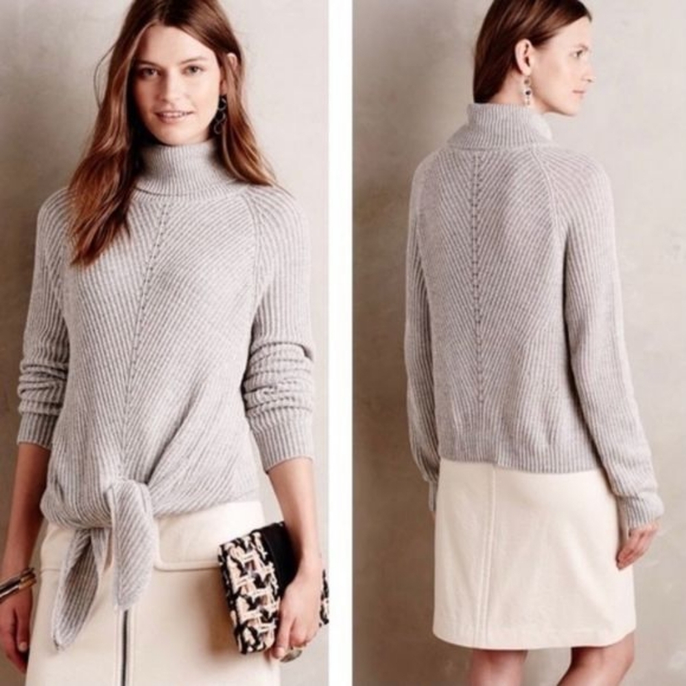 Anthropologie Moth Grey Ribbed Tie Front Cowl Neck Cashmere Blend Sweater Medium